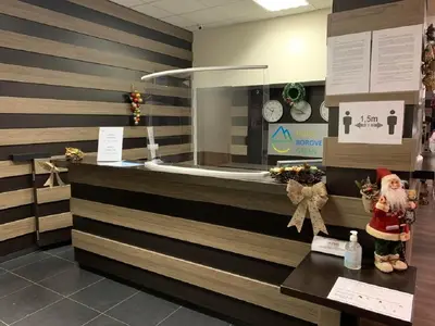 a store lobby with a santa claus on a counter at Borovets Green Hotel in Borovets