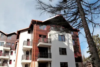an apartment building with balconies and a tree at Borovets Green Hotel in Borovets