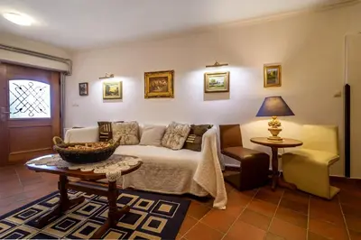 a living room with a couch and a table at Villa Anna Luxury Lake Residence in Shtarkelovo Gnezdo