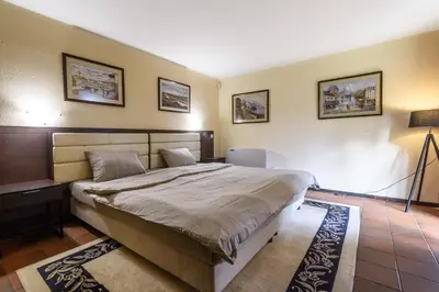 a bedroom with a large bed in a room at Villa Anna Luxury Lake Residence in Shtarkelovo Gnezdo