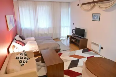 a living room with a bed and a couch and a television at Cozy Fortuna Apartments 46 in Bansko