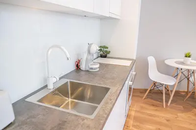 a kitchen with a sink and a counter top at Shushi's Central Studio Apartment in Plovdiv