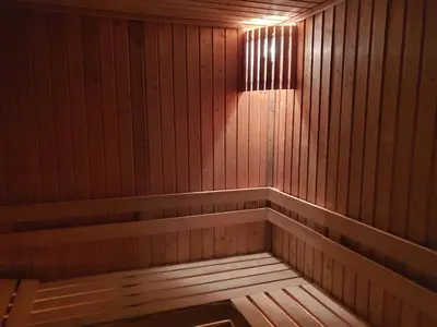 an empty wooden sauna with a light in it at GUEST HOUSE TONI СТАИ за ГОСТИ ТОНИ in Ribarica