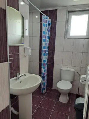 a bathroom with a sink and a toilet and a window at Вила Слънчев Бряг in Dospat