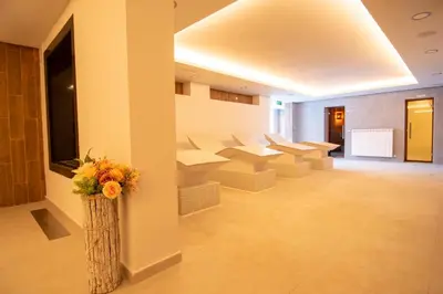 a waiting room with white chairs and a vase with flowers at Hotel Malyovitsa in Govedartsi