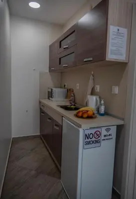 a small kitchen with a stove and a counter top at Къща за гости Фолис in Kyustendil
