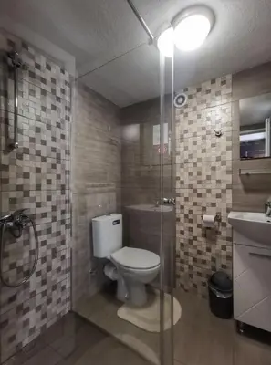 a bathroom with a toilet and a shower and a sink at Къща за гости Фолис in Kyustendil