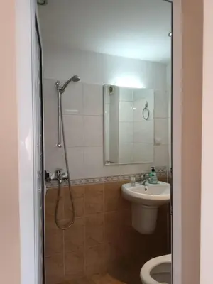 a bathroom with a shower and a sink and a toilet at Guest rooms Bansko in Bansko