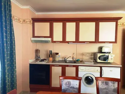 a small kitchen with a sink and a microwave at апартамент Манастира 1 in Pamporovo