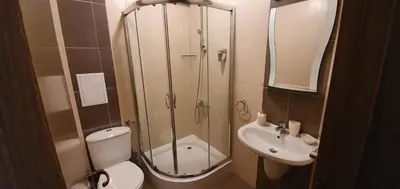 a bathroom with a shower and a toilet and a sink at Луксозно студио в Банско - малко кътче от рая. in Bansko