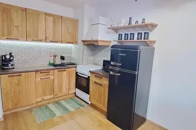 a kitchen with a black refrigerator and wooden cabinets at апартамент Гигови in Bansko