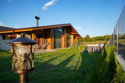 a street light in the grass in front of a house at Mountain villa Jordan- with JACUZZI in Razlog