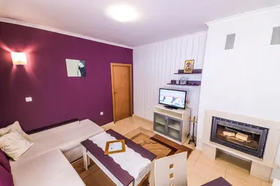 a living room with a couch and a fireplace at Grand Monastery Violet Apartment With One Bedroom And A Terrace in Pamporovo