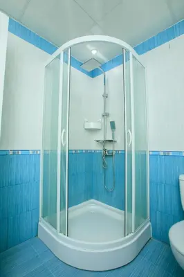 a blue bathroom with a shower and a toilet at Dream Park Apartment in Sandanski