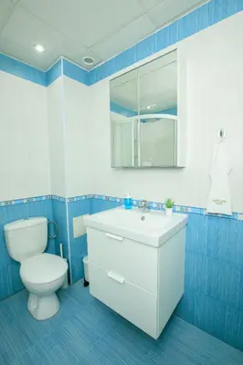 a blue and white bathroom with a toilet and a sink at Dream Park Apartment in Sandanski