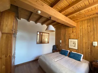 a bedroom with wooden walls and a bed with blue pillows at Katarino Spa Chalet in Razlog