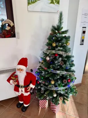 a santa claus standing next to a christmas tree at Pamporovo Rhodopi Pearl Apartments - Private Apartments in Pamporovo
