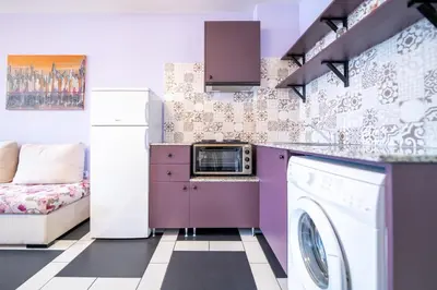 a purple kitchen with a washing machine in it at Spacious apartment in the heart of Studentski grad in Sofia