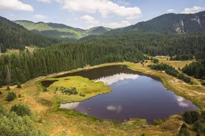 an aerial view of a lake in the middle of a mountain at Studio 6,Smolyan lakes in Smolyan