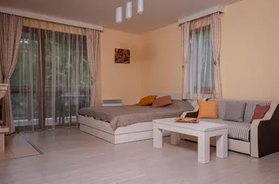 a living room with a bed and a couch at Studio 6,Smolyan lakes in Smolyan