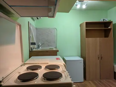 a kitchen with a stove top oven in a room at Midtown Place Apartment Loft таванска стая с баня DORIS 2 in Plovdiv