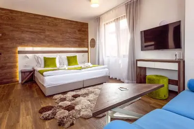 a living room with a couch and a tv at Guest house Wishmore in Banya