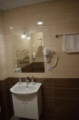 a bathroom with a sink and a mirror at Къща за гости Шошови in Velingrad