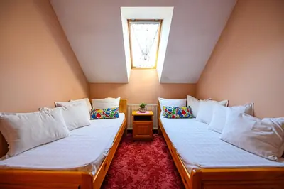 two beds in a small room with a window at Family Hotel Chichin in Bansko