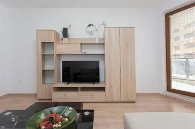a living room with a entertainment center with a television at Modern and Bright Apartments near Center - FREE PARKING in Sofia