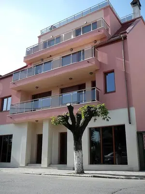 a pink building with a tree in front of it at Tzvetelina Palace Hotel in Dolna Banya