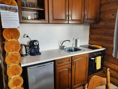 a kitchen with a sink and a stove top oven at къщи за гости Под звездите in Pamporovo