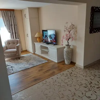 a living room with a television and a vase with flowers at Студио Лидия in Velingrad