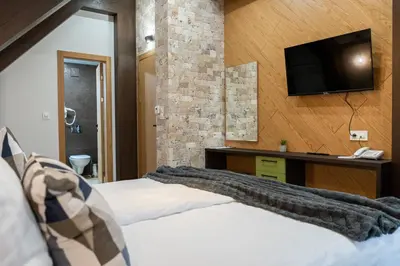 a bedroom with a bed and a tv on the wall at 103 Alpine Hotel in Panichishte