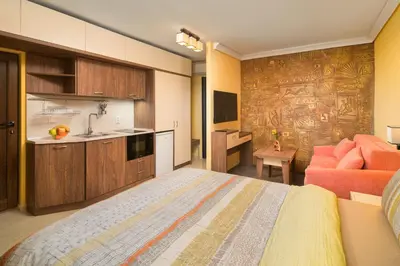 a bedroom with a large bed and a kitchen at АРТ СТУДИО СОФИЯ in Sofia
