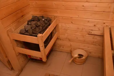 an empty sauna with a toilet in a room at Хотел Сима in Beklemeto