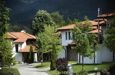 a row of houses in a village with trees at Къща за гости Volpe - Volpe Guesthouse in Oreshak