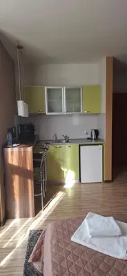 a kitchen with green cabinets and a bed in a room at Fantasy Apartaments and studios Avenue комплекс Фантазия Хисаря in Hisarya