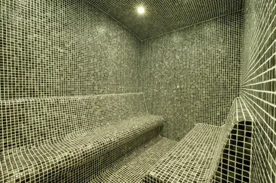a small shower with a bench in a bathroom at Villa Pino in Velingrad