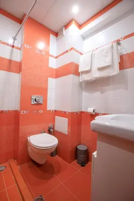 an orange and white bathroom with a toilet and a sink at Feel at Home in Sandanski