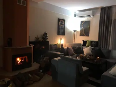 a living room with a couch and a fireplace at Sunshine villa Dzhigurovo in Sandanski