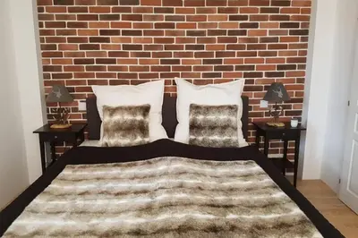 a bedroom with a brick wall and a bed with pillows at GUESTHOUSE MARIA / КЪЩА ЗА ГОСТИ МАРИЯ / GÄSTEHAUS MARIA in Karlovo