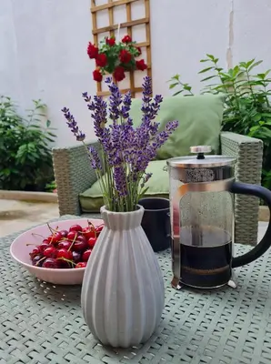 a table with a vase with purple flowers and a plate of fruit at GUESTHOUSE MARIA / КЪЩА ЗА ГОСТИ МАРИЯ / GÄSTEHAUS MARIA in Karlovo