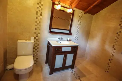 a bathroom with a toilet and a sink and a mirror at Moiata Kashta Villa in Popovi Livadi