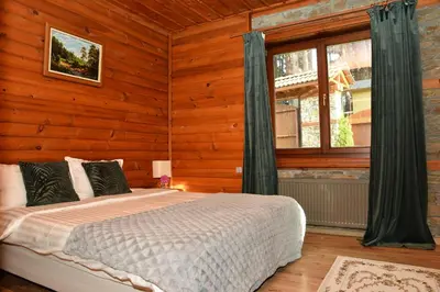 a bedroom with a bed in a room with wooden walls at Moiata Kashta Villa in Popovi Livadi