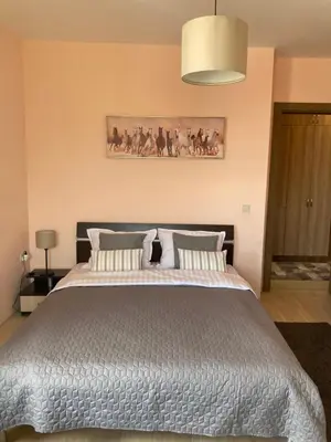 a bedroom with a large bed and a painting on the wall at Mirabell Apartment Bansko - Mountain View & Fireplace in Bansko