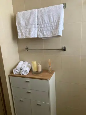 a bathroom with a white towel hanging over a shower at Mirabell Apartment Bansko - Mountain View & Fireplace in Bansko