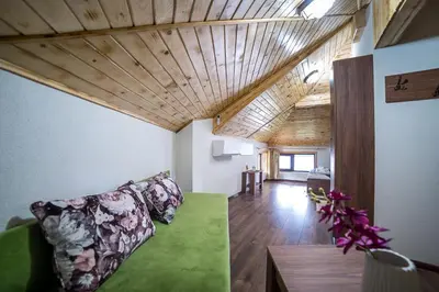 a living room with a couch and a wooden ceiling at Къща за гости Алекс in Karlovo