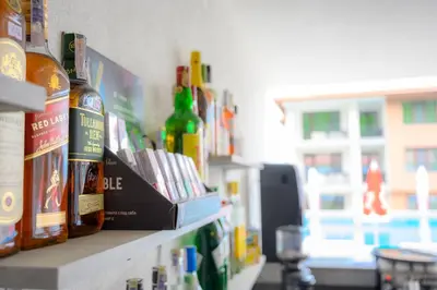 a shelf with bottles of alcohol and books on it at Вила Влахов in Sapareva Banya