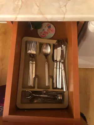 a drawer with silver utensils in a cabinet at GONDOLAs LODGE in Bansko