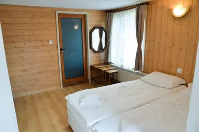 a bedroom with a bed and a desk and a window at Villa Rila Garden in Beli Iskar